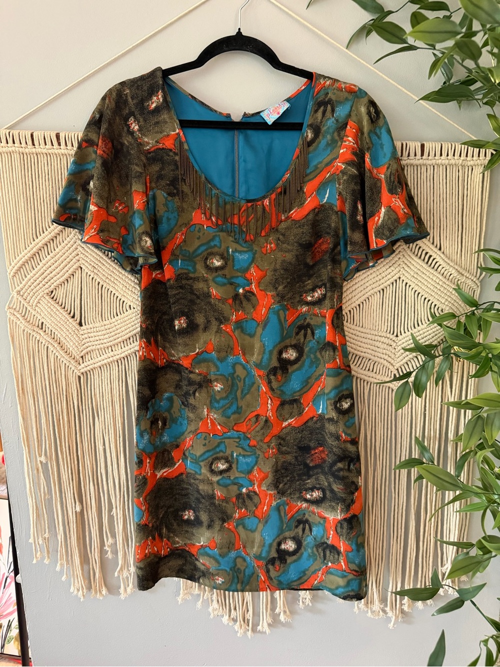 100% silk Plenty by Tracy Reese Teal, Rust & Olive Abstract Floral Mini Dress